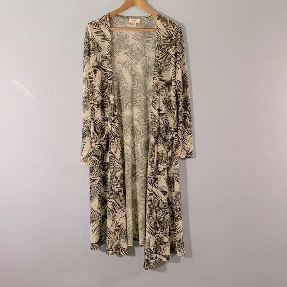 long line sheer duster open cardigan gray palm fronds size small Sara swim cover